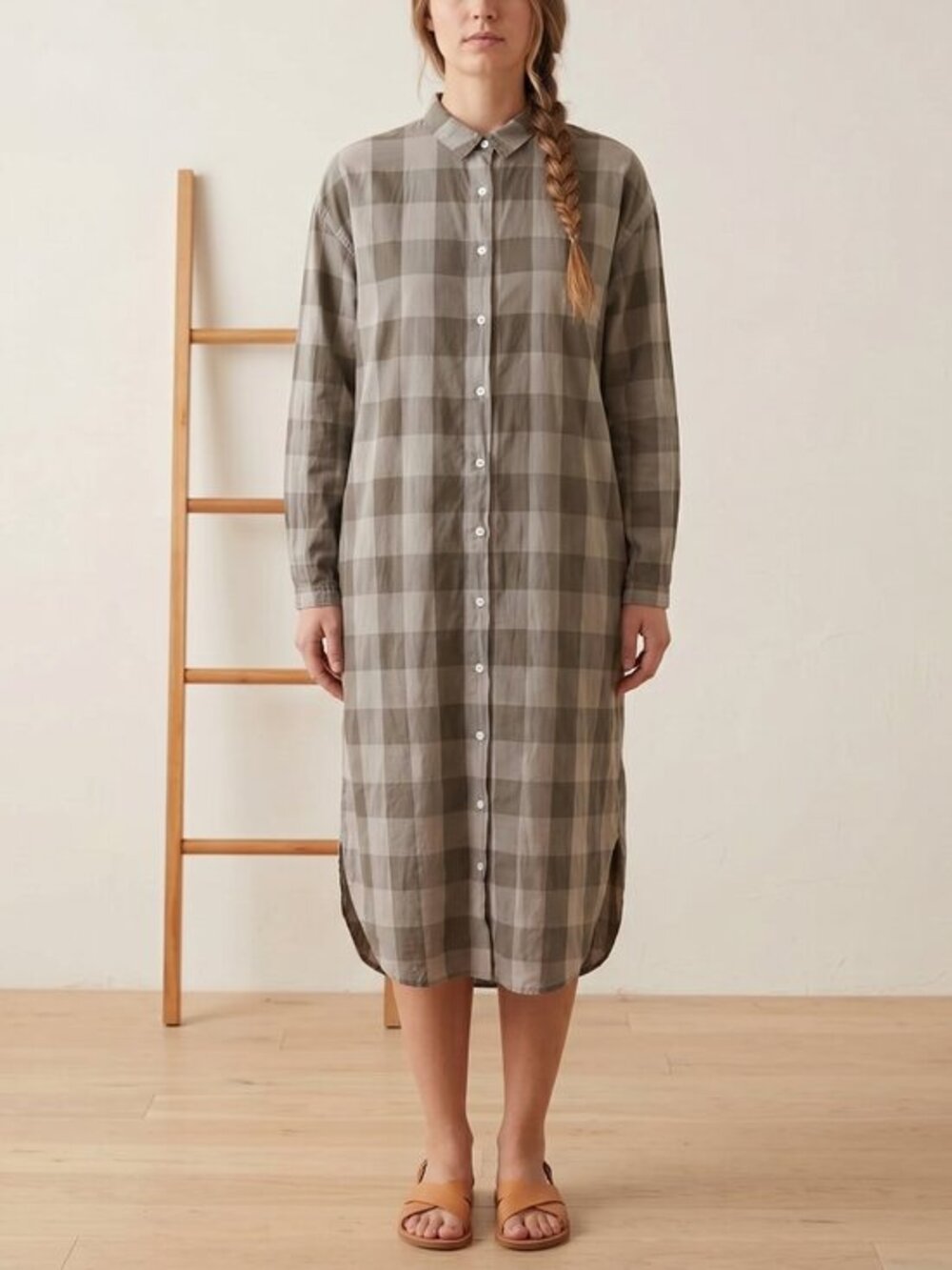 ISHIKO lightweight Cotton Gray Checkered Shirt Dress with pockets onesize